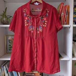 Vintage The Paragon Red Sheer Floral Embroidered Button-Up Blouse Size 1X